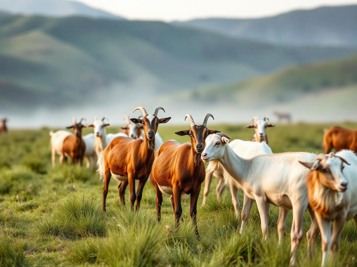 Goats grazing on green grass with Kenyan highlands behind